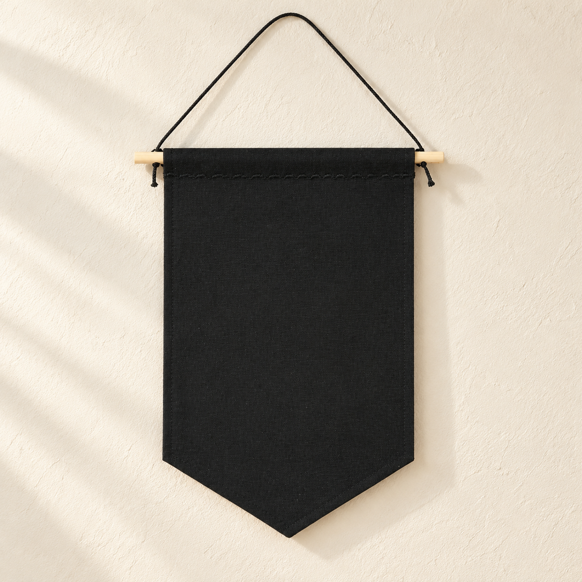 Black Blank Canvas Pin Banner — clean ivory wall