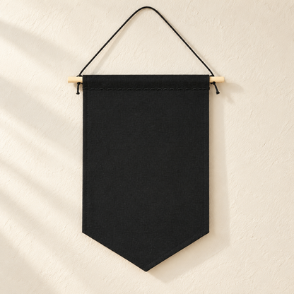 Black Blank Canvas Pin Banner — clean ivory wall