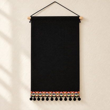 Black Canvas Pin Banner with Pom-Pom Trim — clean ivory wall