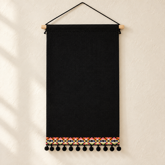 Black Canvas Pin Banner with Pom-Pom Trim — clean ivory wall