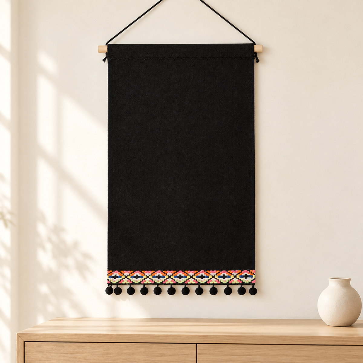 Black Canvas Pin Banner with Pom-Pom Trim — light oak console