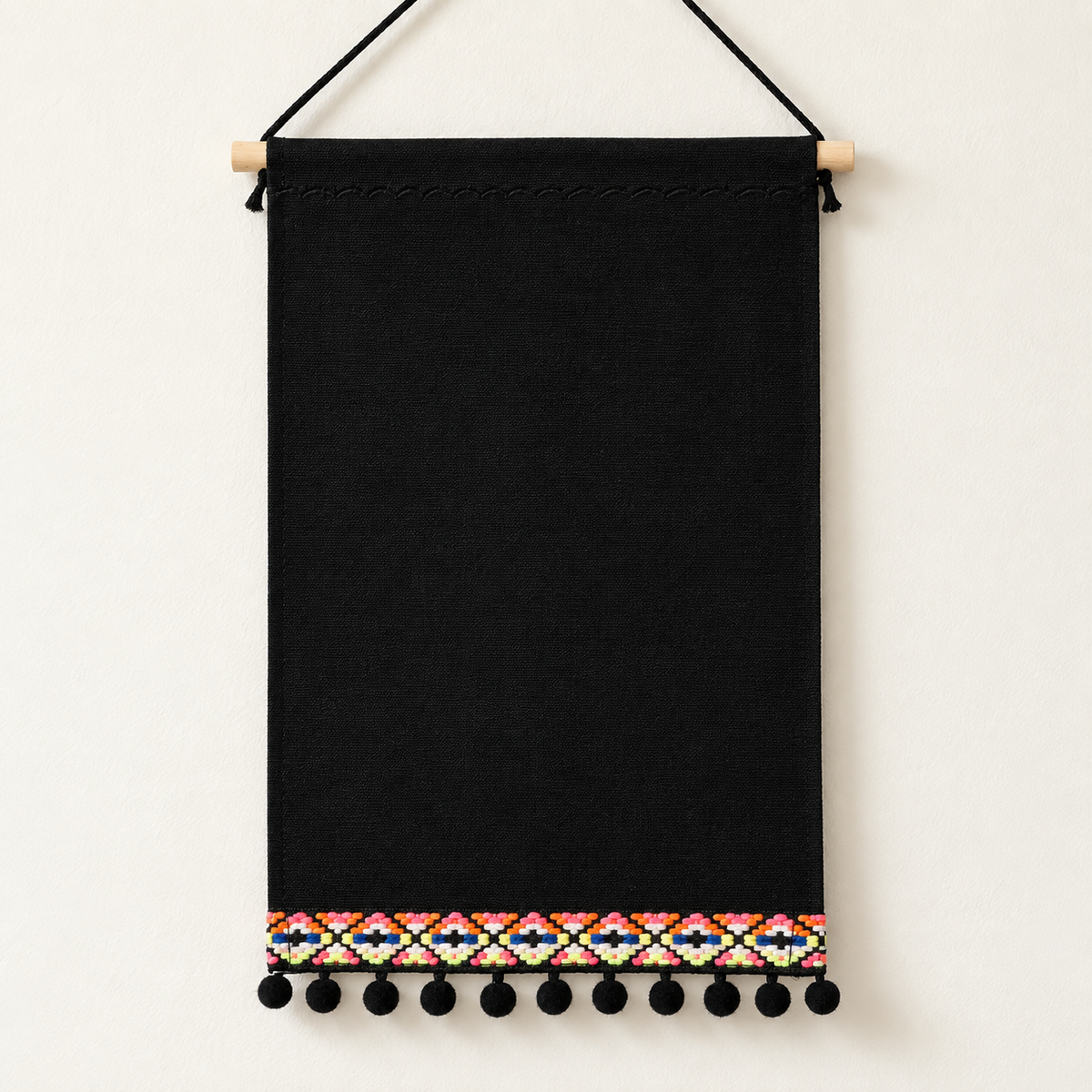 Black Canvas Pin Banner with Pom-Pom Trim — canvas detail