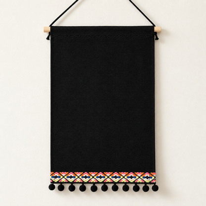 Black Canvas Pin Banner with Pom-Pom Trim — canvas detail