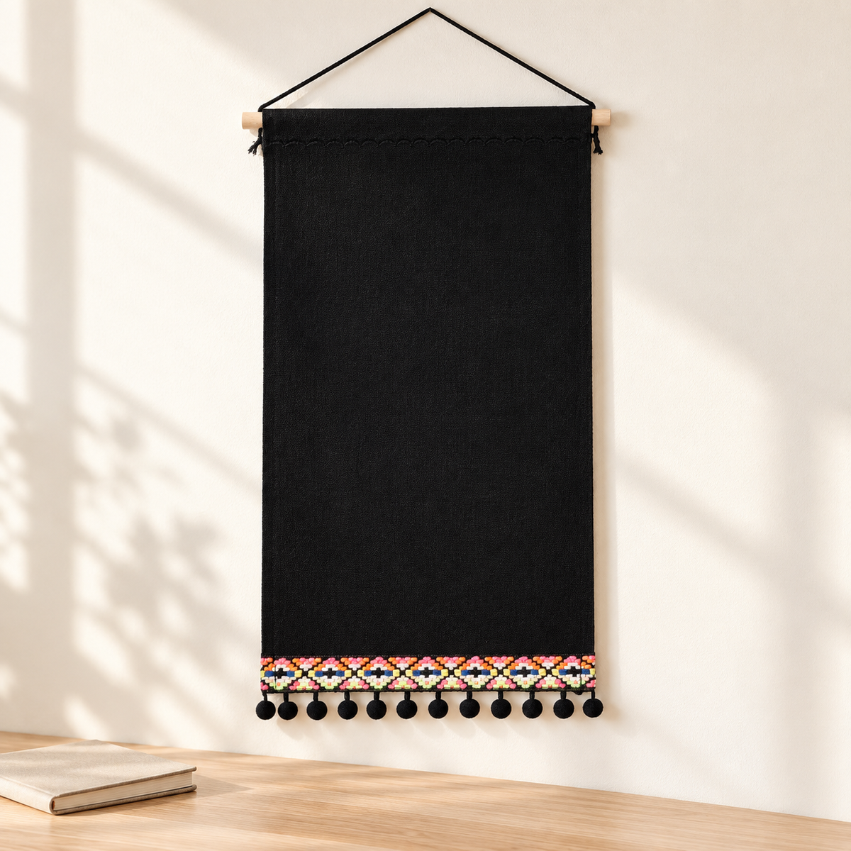 Black Canvas Pin Banner with Pom-Pom Trim — minimal workspace