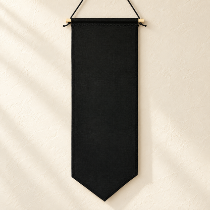 Black Tall Duck Canvas Pin Pennant (No Backing) in a clean ivory wall setting