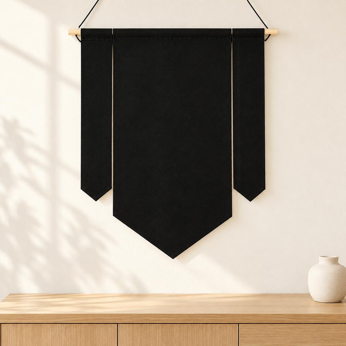 Black Three-Piece Canvas Pin Banner — light oak console