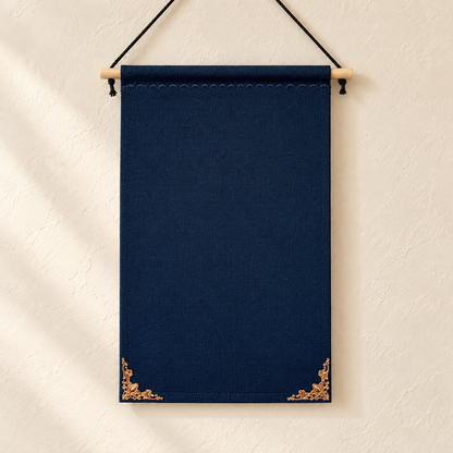 Dark Blue Canvas Pin Pennant with Metal Corners — clean ivory wall