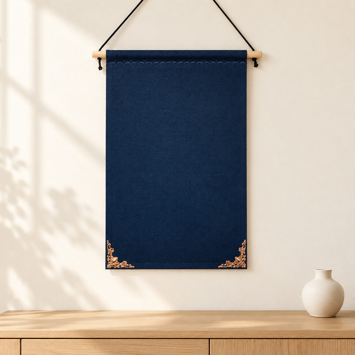 Dark Blue Canvas Pin Pennant with Metal Corners — light oak console