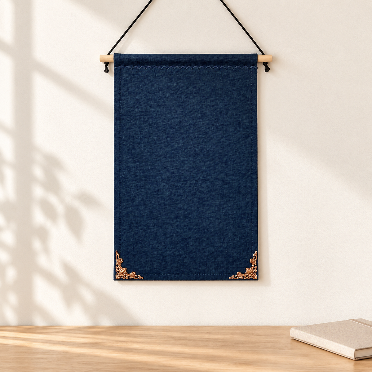 Dark Blue Canvas Pin Pennant with Metal Corners — minimal workspace