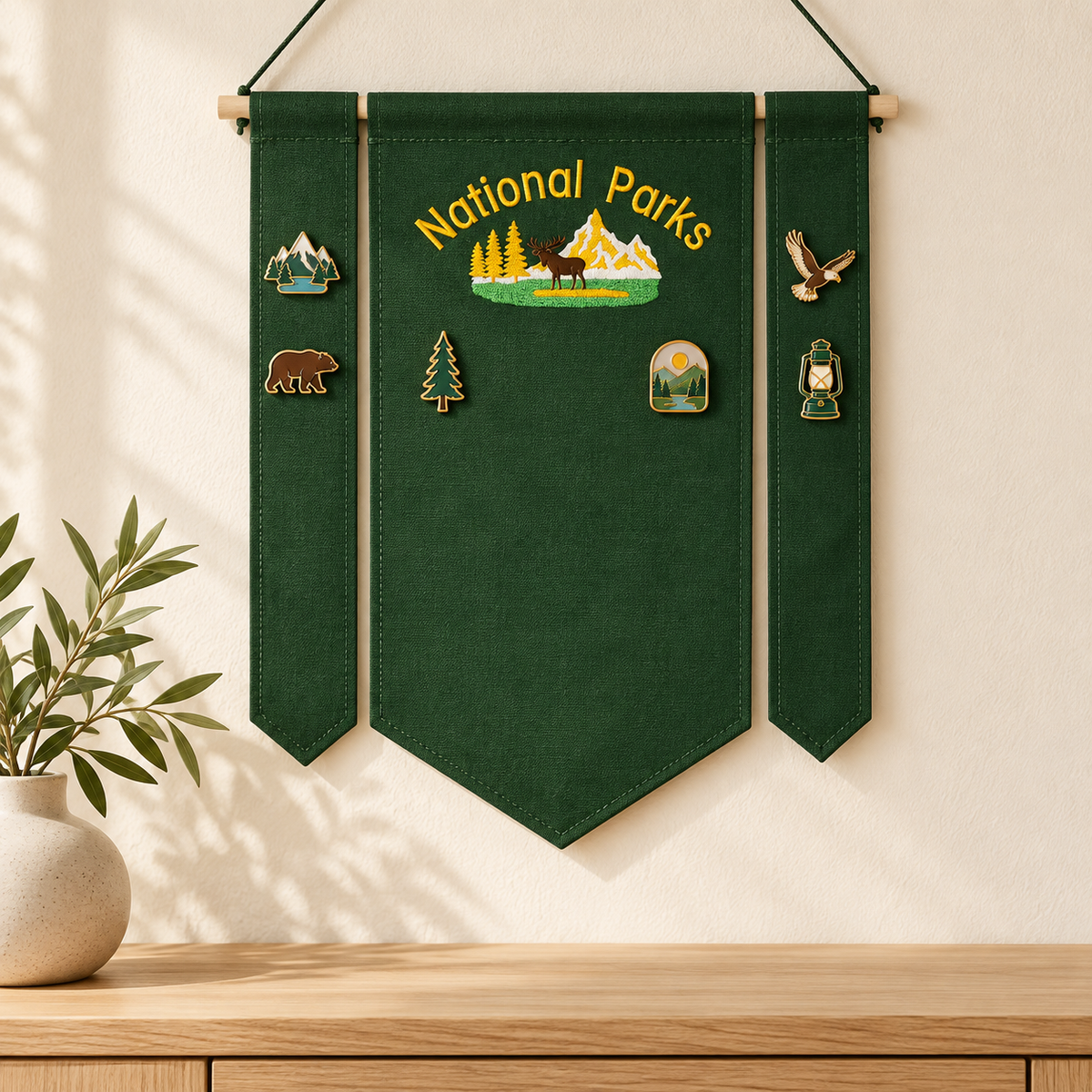 Forest Green Three-Piece National Parks Banner — oak console with display pins