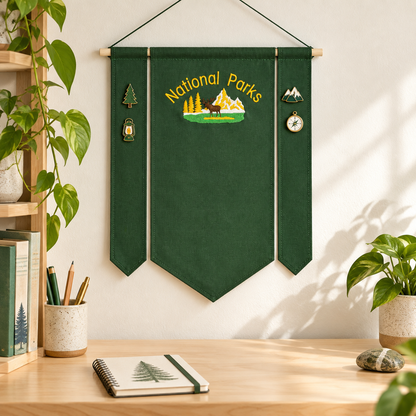 Forest Green Three-Piece National Parks Banner — collector workspace with display pins