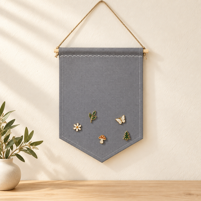 Gray Blank Canvas Pin Banner — oak console with display pins