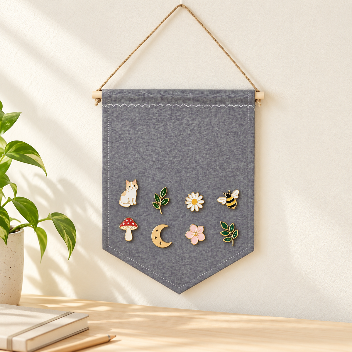 Gray Blank Canvas Pin Banner — collector workspace with display pins
