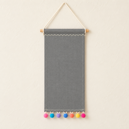 Gray Pom Pom Canvas Pin Pennant — ivory wall hero