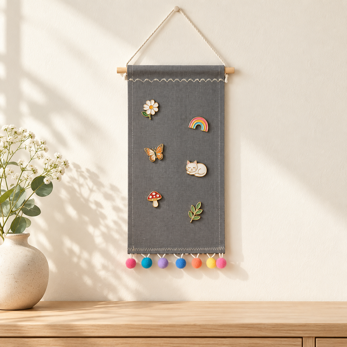 Gray Pom Pom Canvas Pin Pennant — oak console with display pins
