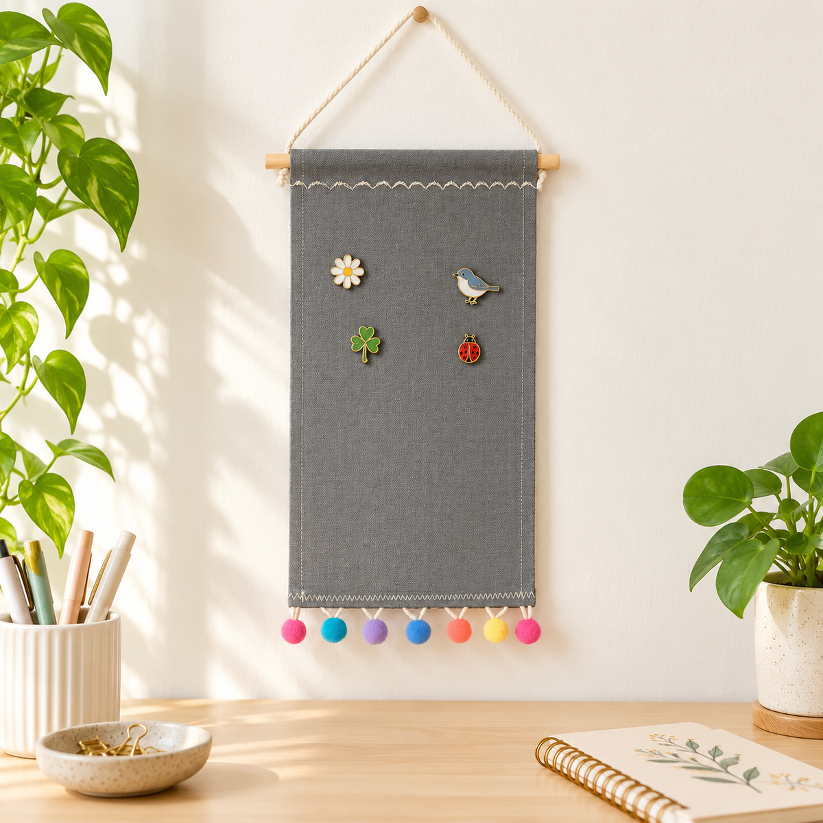 Gray Pom Pom Canvas Pin Pennant — collector workspace with display pins