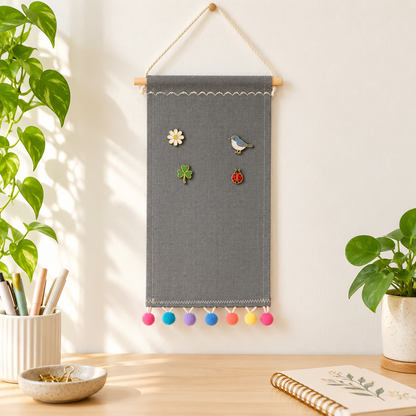 Gray Pom Pom Canvas Pin Pennant — collector workspace with display pins