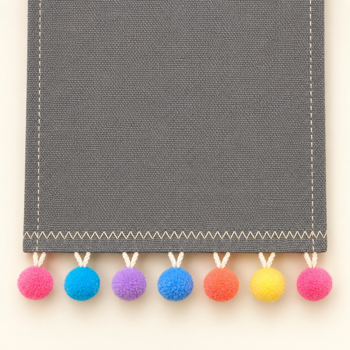 Gray Pom Pom Canvas Pin Pennant — canvas and stitching detail