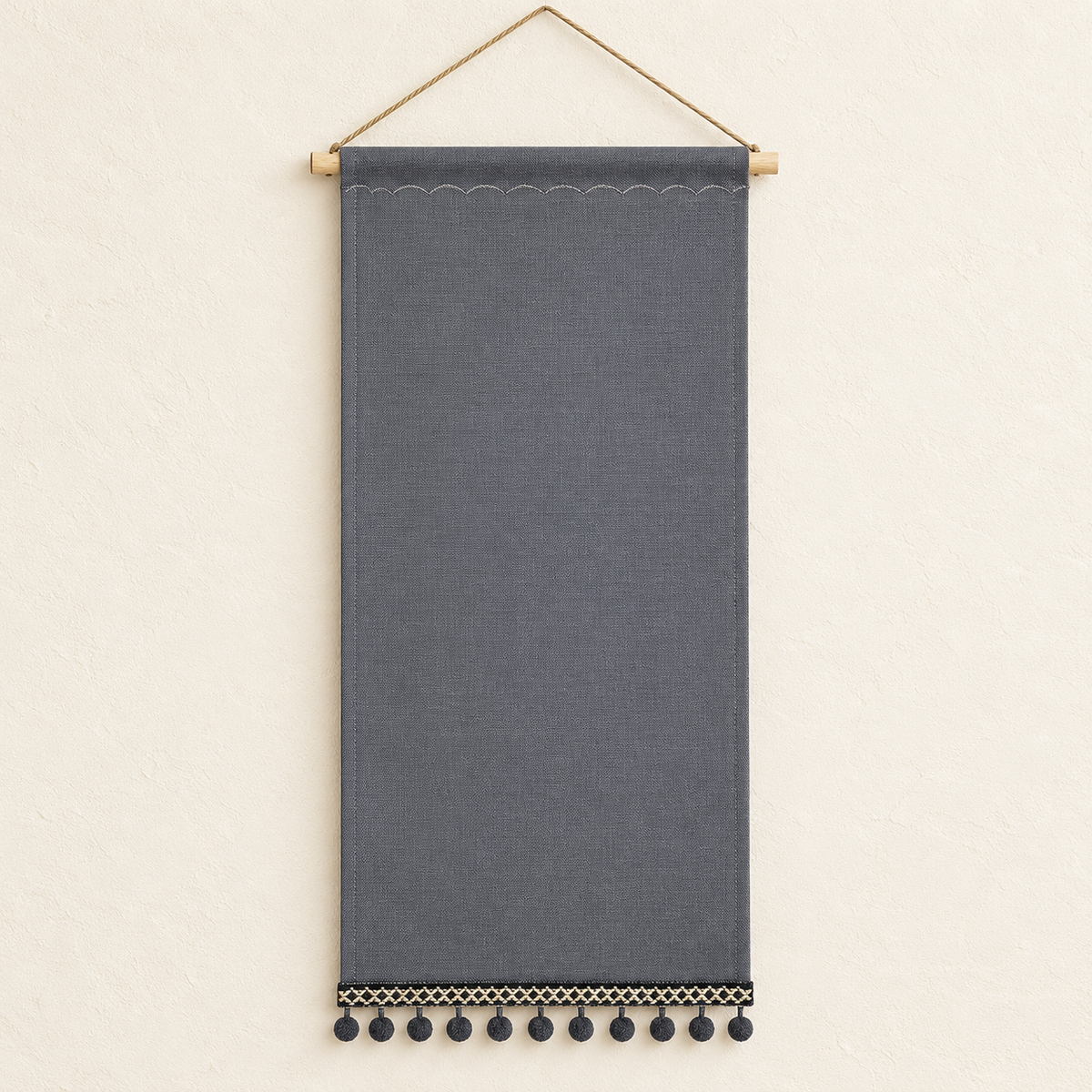 Gray Pom Pom Trim Canvas Pin Banner — ivory wall hero