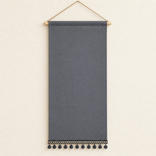 Gray Pom Pom Trim Canvas Pin Banner — ivory wall hero