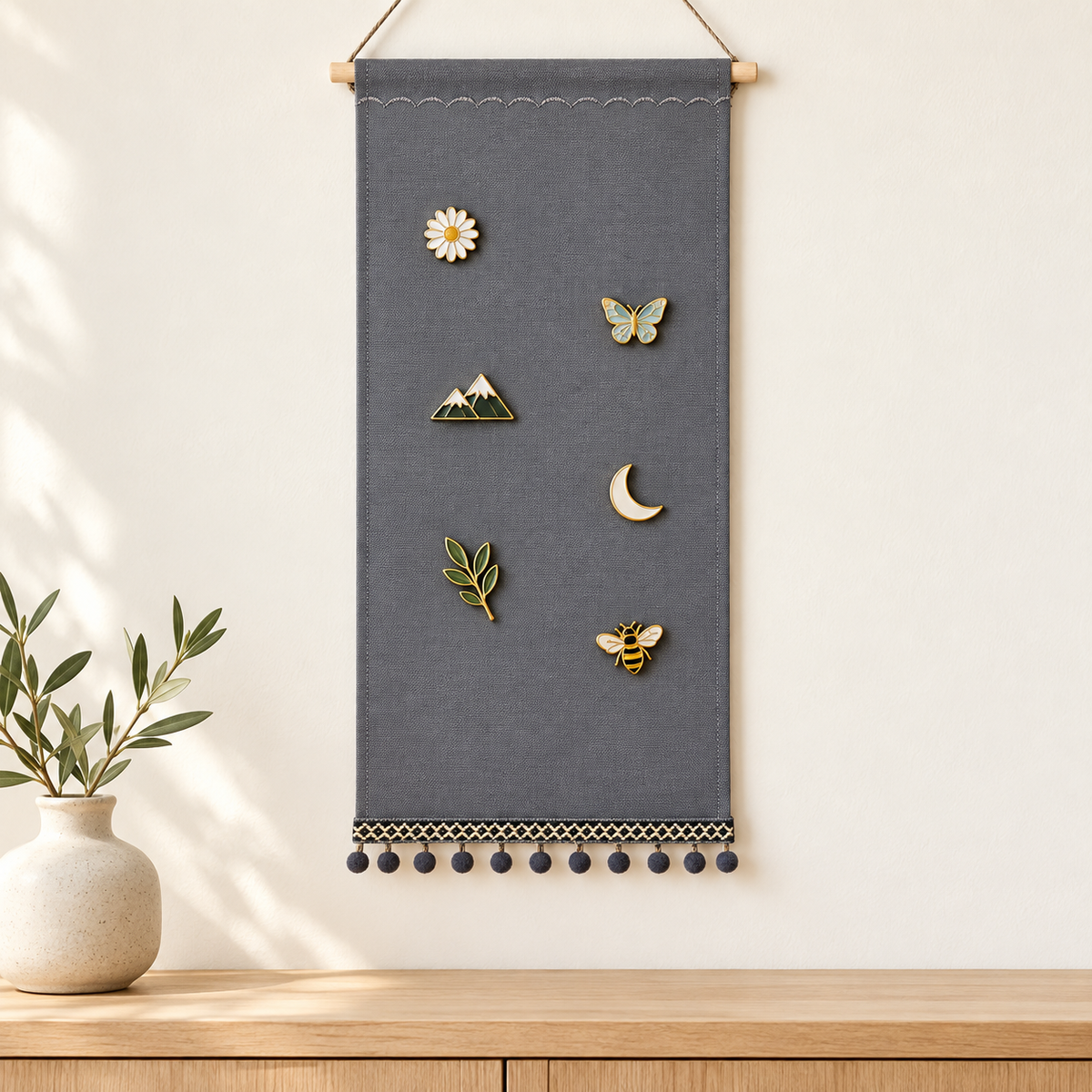 Gray Pom Pom Trim Canvas Pin Banner — oak console with display pins