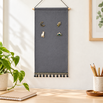 Gray Pom Pom Trim Canvas Pin Banner — collector workspace with display pins