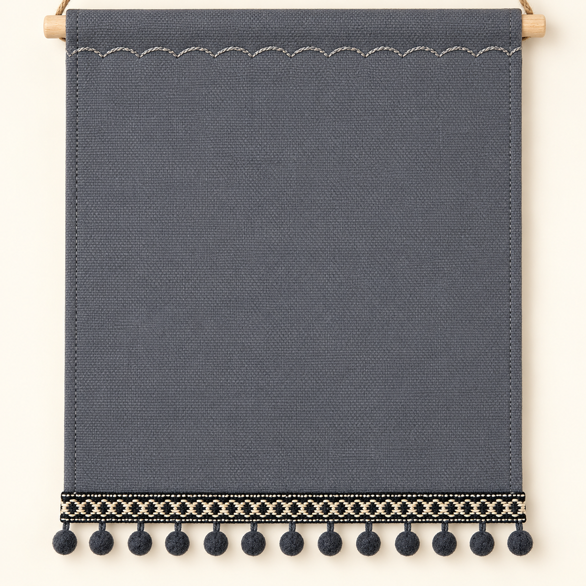 Gray Pom Pom Trim Canvas Pin Banner — canvas and stitching detail