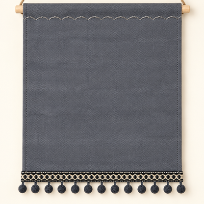 Gray Pom Pom Trim Canvas Pin Banner — canvas and stitching detail