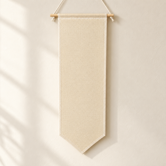 Natural Tall Canvas Pin Banner — clean ivory wall
