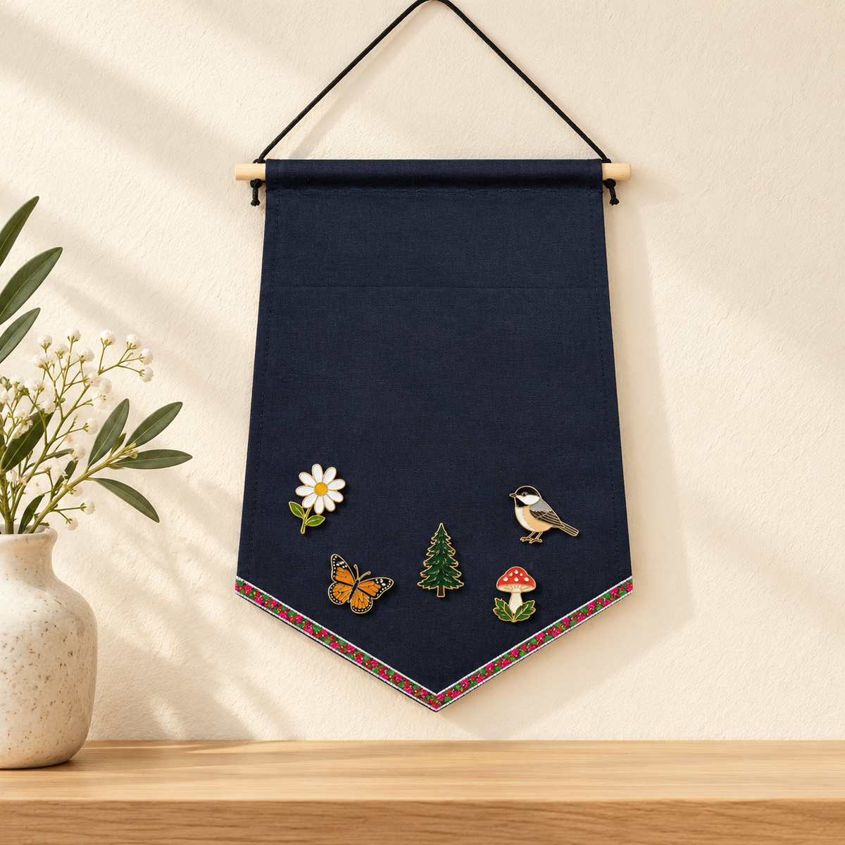 Navy Pentagon Canvas Pin Banner — oak console with display pins