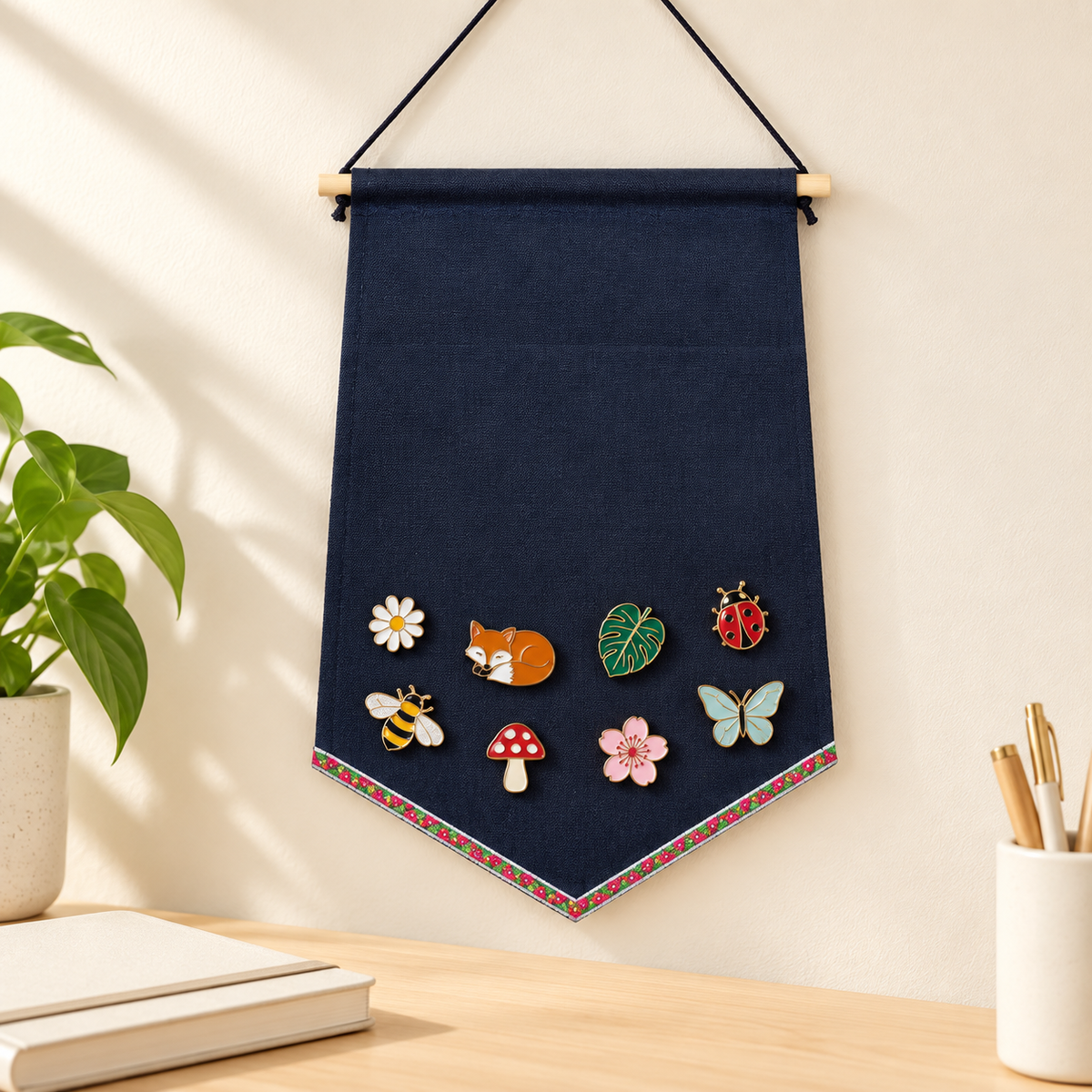 Navy Pentagon Canvas Pin Banner — collector workspace with display pins