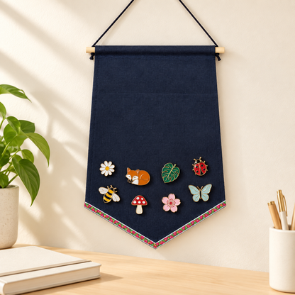 Navy Pentagon Canvas Pin Banner — collector workspace with display pins