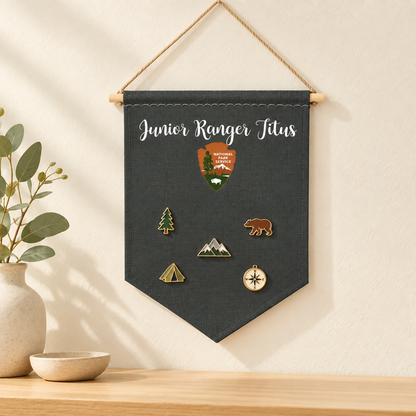 Personalized Charcoal National Parks Pin Banner — oak console with display pins