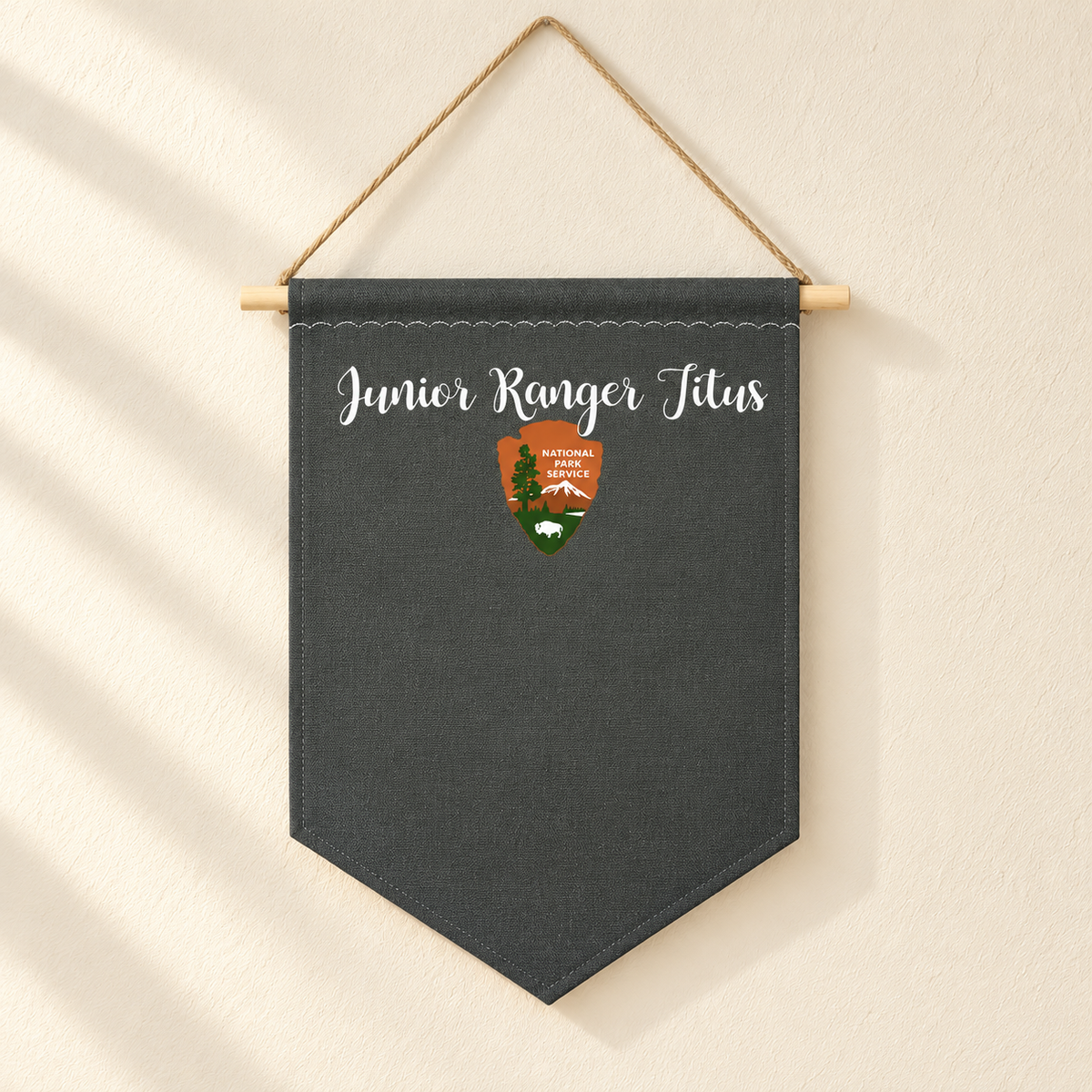 Personalized Charcoal National Parks Pin Banner — canvas and stitching detail