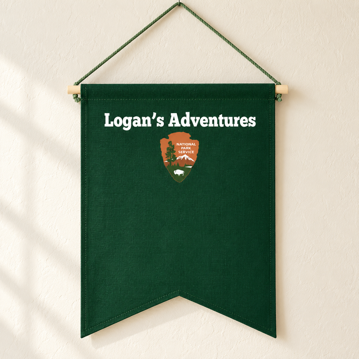 Personalized Forest Green National Parks Banner — clean ivory wall