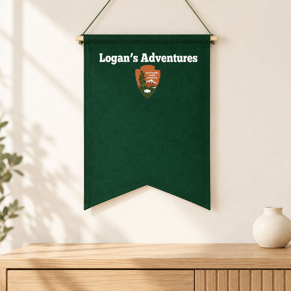 Personalized Forest Green National Parks Banner — light oak console