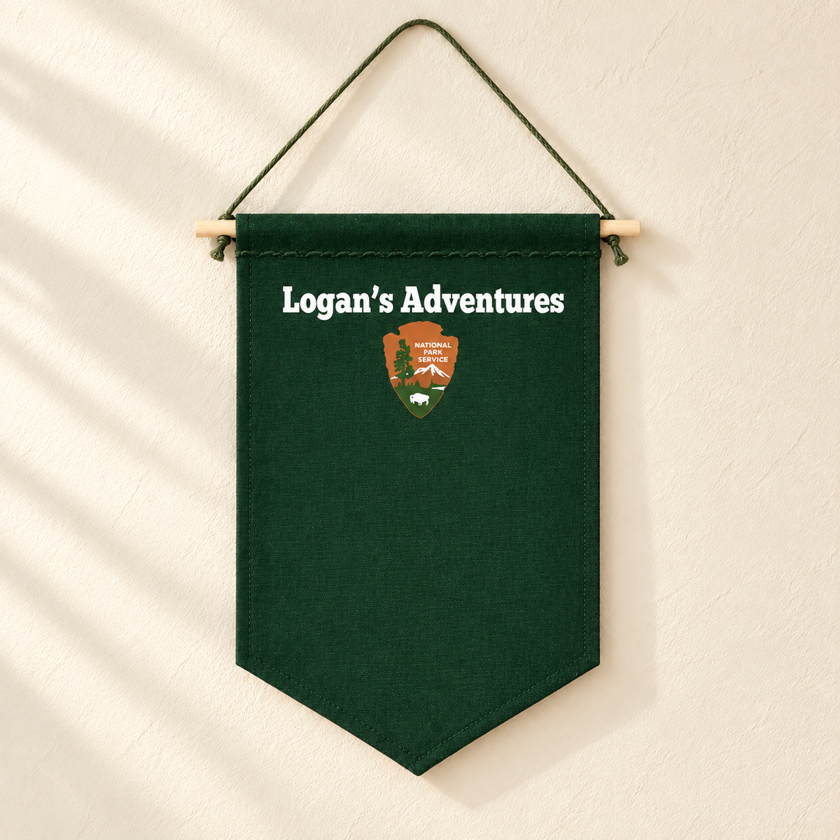 Personalized Forest Green National Parks Pin Banner — ivory wall hero