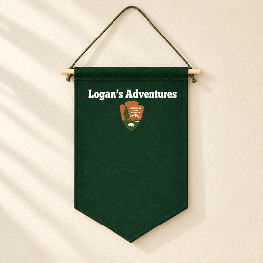 Personalized Forest Green National Parks Pin Banner — ivory wall hero