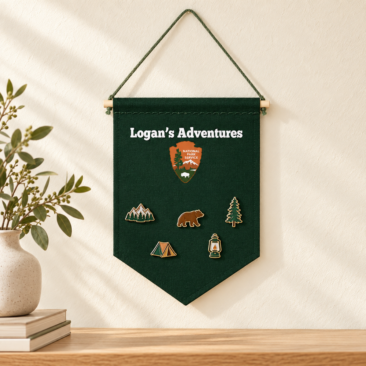 Personalized Forest Green National Parks Pin Banner — oak console with display pins