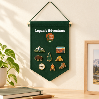 Personalized Forest Green National Parks Pin Banner — collector workspace with display pins