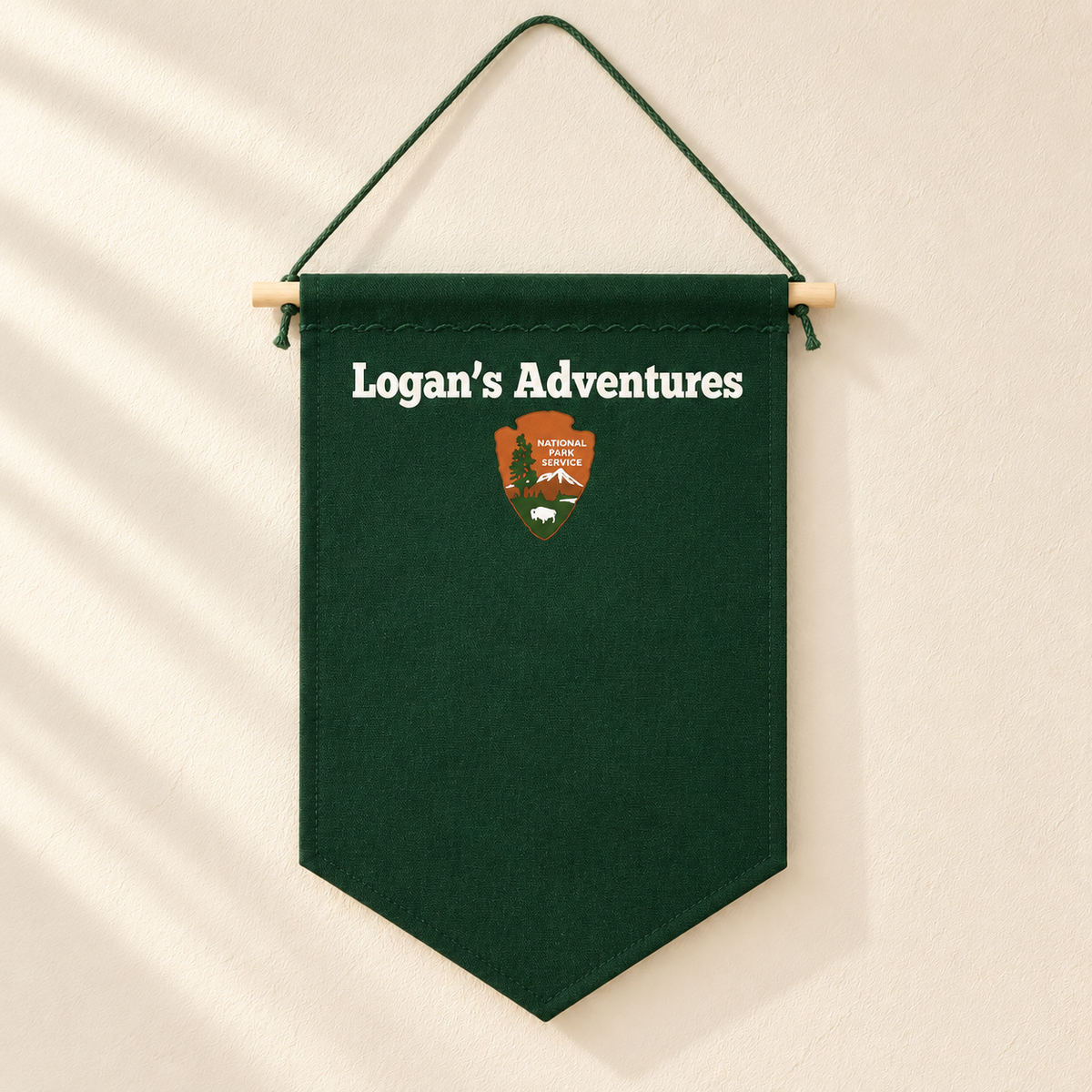 Personalized Forest Green National Parks Pin Banner — canvas and stitching detail