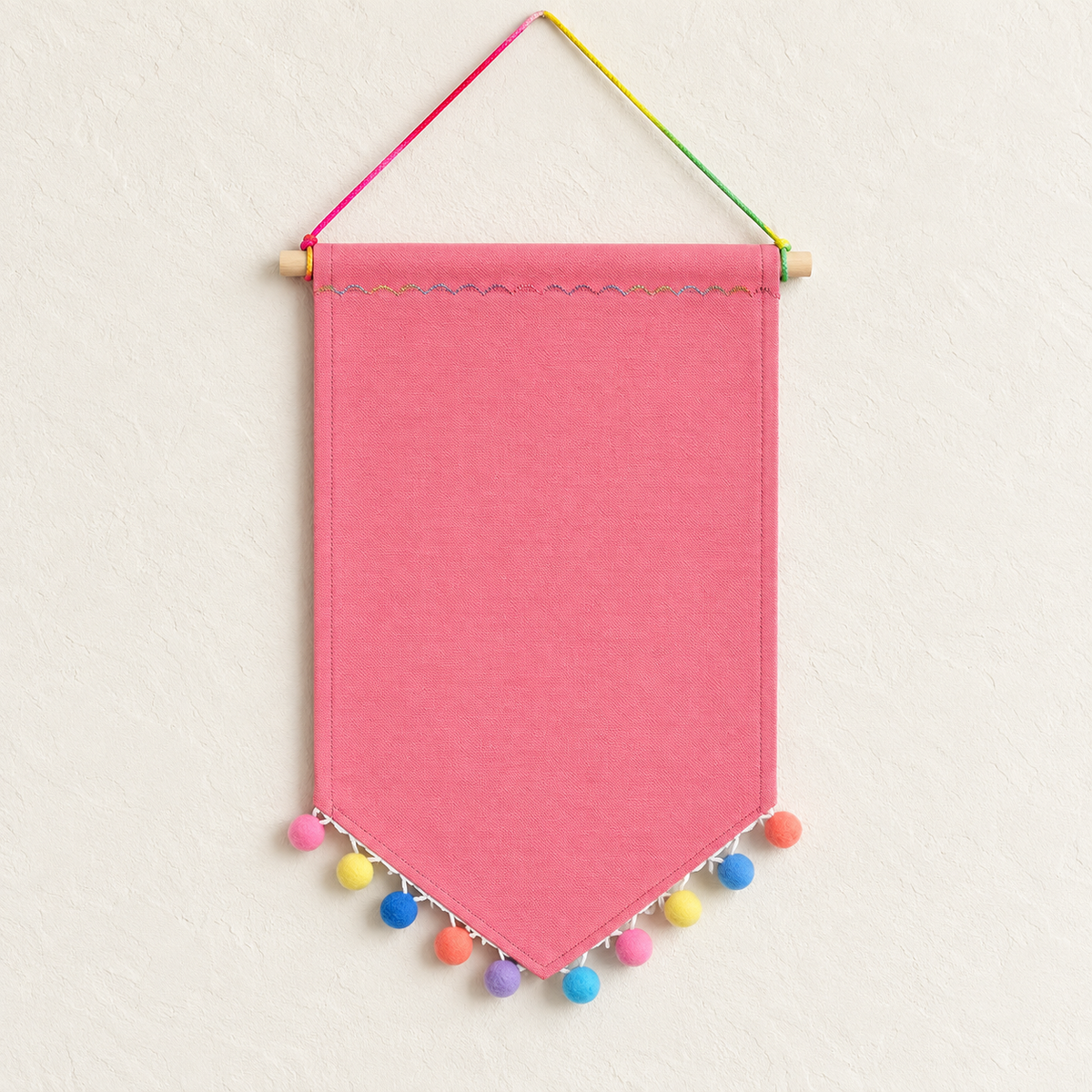 Pink Pom Pom Canvas Pin Pennant — ivory wall hero