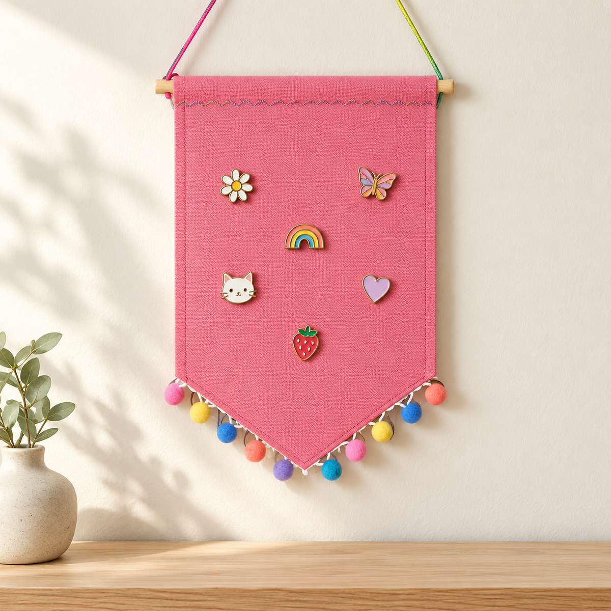 Pink Pom Pom Canvas Pin Pennant — oak console with display pins