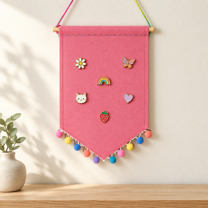 Pink Pom Pom Canvas Pin Pennant — oak console with display pins