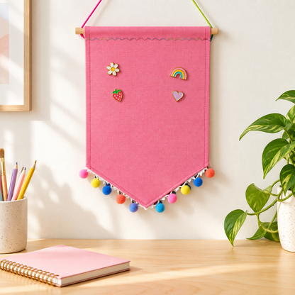 Pink Pom Pom Canvas Pin Pennant — collector workspace with display pins