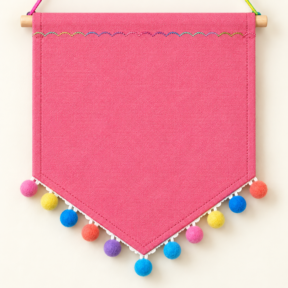 Pink Pom Pom Canvas Pin Pennant — canvas and stitching detail