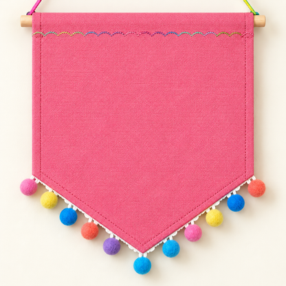 Pink Pom Pom Canvas Pin Pennant — canvas and stitching detail