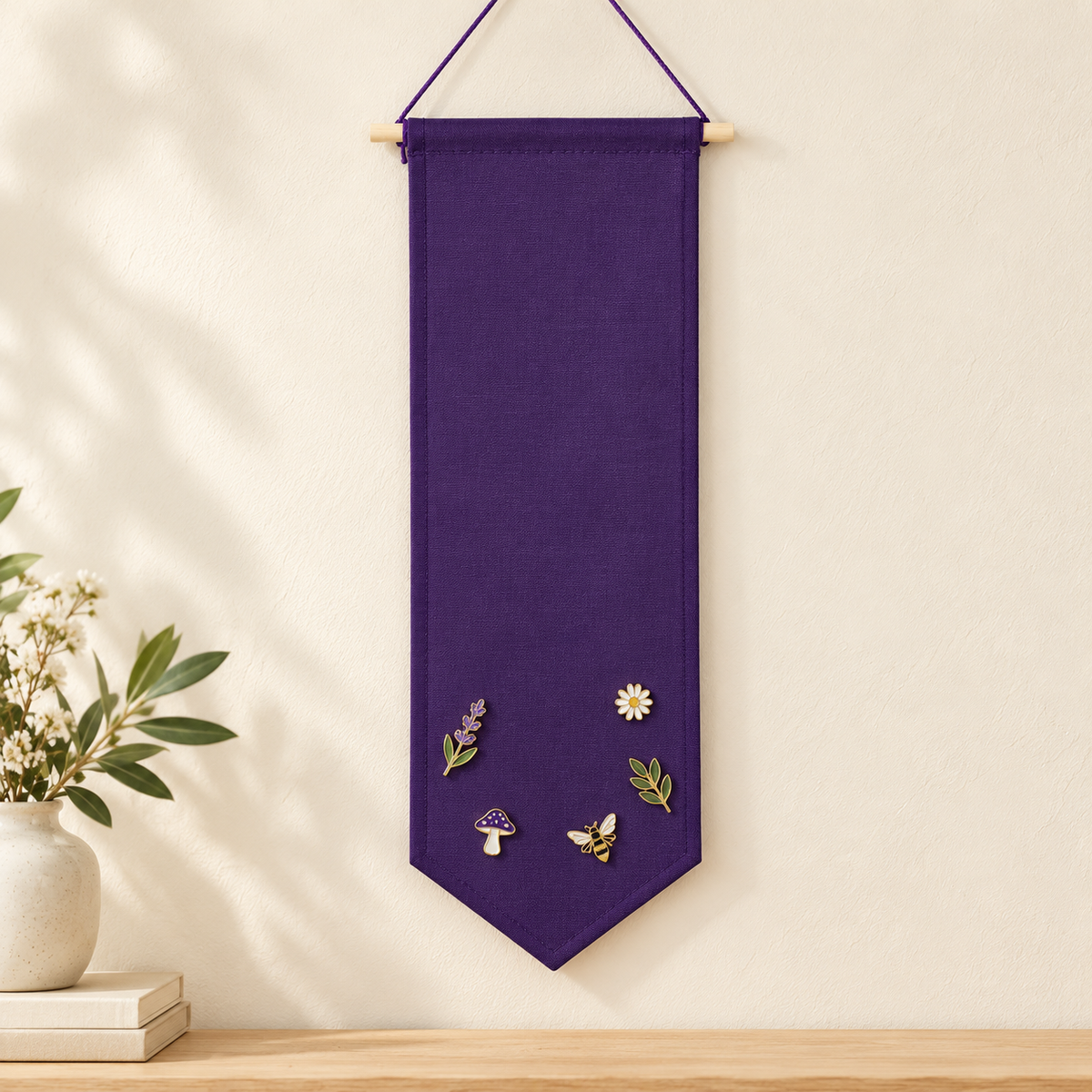 Purple Enamel Pin Banner — oak console with display pins