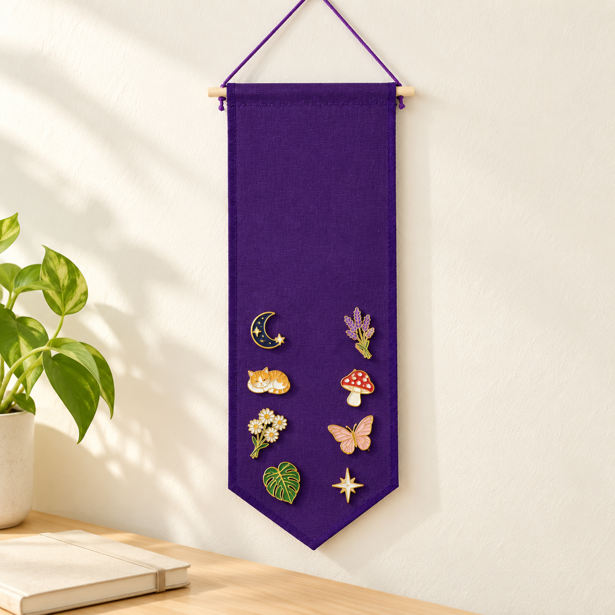 Purple Enamel Pin Banner — collector workspace with display pins