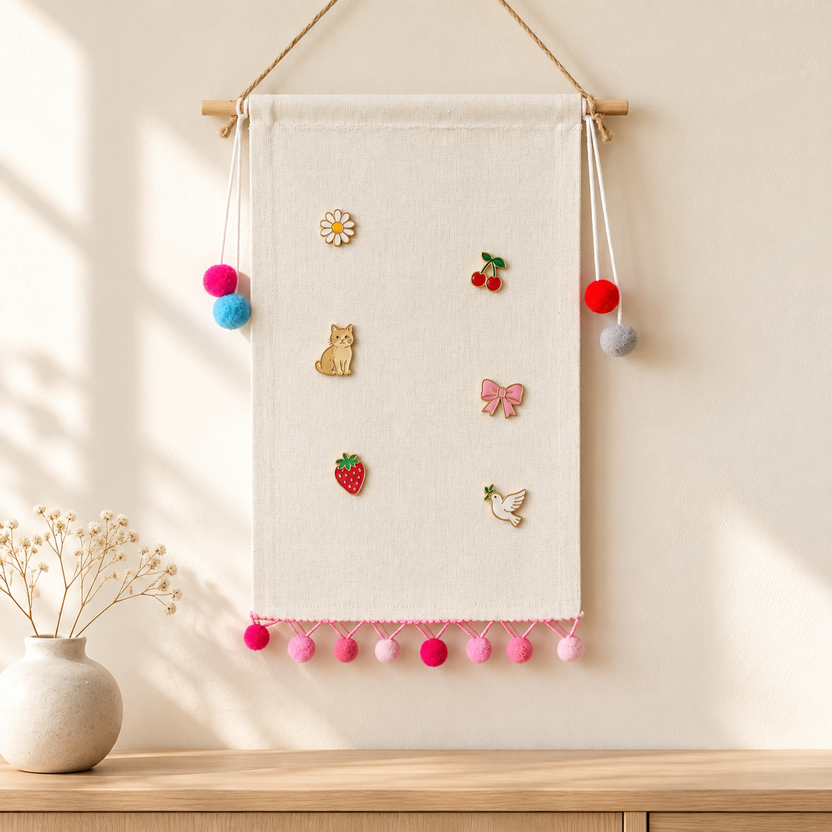 Rectangular Blank Canvas Pin Banner — oak console with display pins
